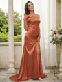 Sheath/Column Silk like Satin Ruched Off-the-Shoulder Sleeveless Sweep Train Bridesmaid Dresses
