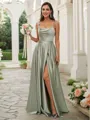 A-Line/Princess Silk like Satin Ruffles Spaghetti Straps Sleeveless Sweep Train Bridesmaid Dresses