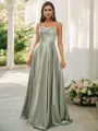 A-Line/Princess Silk like Satin Ruffles Spaghetti Straps Sleeveless Sweep Train Bridesmaid Dresses