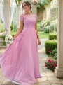 A-Line/Princess Chiffon Lace Scoop Short Sleeves Floor-Length Bridesmaid Dresses