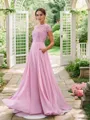 A-Line/Princess Chiffon Lace Scoop Short Sleeves Floor-Length Bridesmaid Dresses