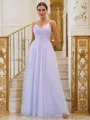 A-Line/Princess Tulle Applique V-neck Sleeveless Floor-Length Bridesmaid Dresses