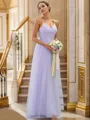 A-Line/Princess Tulle Applique V-neck Sleeveless Floor-Length Bridesmaid Dresses