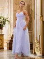 A-Line/Princess Tulle Applique V-neck Sleeveless Floor-Length Bridesmaid Dresses