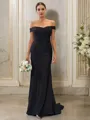 Sheath/Column Jersey Ruched Off-the-Shoulder Sleeveless Sweep Train Bridesmaid Dresses