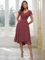 A-Line/Princess Chiffon Ruffles V-neck Short Sleeves Asymmetrical Bridesmaid Dresses