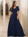 A-Line/Princess Chiffon Ruffles V-neck Short Sleeves Floor-Length Bridesmaid Dresses