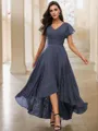 A-Line/Princess Chiffon Lace V-neck Short Sleeves Asymmetrical Bridesmaid Dresses