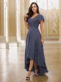 A-Line/Princess Chiffon Lace V-neck Short Sleeves Asymmetrical Bridesmaid Dresses