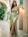 A-Line/Princess Silk like Satin Ruched V-neck Sleeveless Floor-Length Bridesmaid Dresses