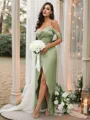 A-Line/Princess Silk like Satin Ruched V-neck Sleeveless Floor-Length Bridesmaid Dresses