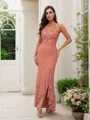 Sheath/Column Chiffon Lace Halter Sleeveless Asymmetrical Bridesmaid Dresses