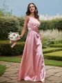 Sheath/Column Silk Like Satin Ruched One-Shoulder Sleeveless Floor-Length Bridesmaid Dresses