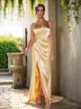 Sheath/Column Silk like Satin Ruched One-Shoulder Sleeveless Sweep Train Bridesmaid Dresses
