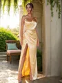 Sheath/Column Silk like Satin Ruched One-Shoulder Sleeveless Sweep Train Bridesmaid Dresses