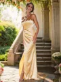 Sheath/Column Silk like Satin Ruched One-Shoulder Sleeveless Sweep Train Bridesmaid Dresses