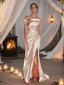 Sheath/Column Silk Like Satin Ruched Off-The-Shoulder Sleeveless Sweep Train Bridesmaid Dresses