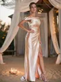 Sheath/Column Silk Like Satin Ruched Off-The-Shoulder Sleeveless Sweep Train Bridesmaid Dresses