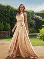 A-Line/Princess Jersey Bowknot Halter Sleeveless Sweep Train Two Piece Bridesmaid Dresses