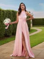 A-Line/Princess Jersey Ruched Halter Sleeveless Floor-Length Bridesmaid Dresses