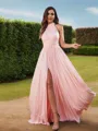 A-Line/Princess Jersey Ruched Halter Sleeveless Floor-Length Bridesmaid Dresses