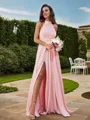 A-Line/Princess Jersey Ruched Halter Sleeveless Floor-Length Bridesmaid Dresses