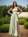 A-Line/Princess Silk Like Satin Ruffles Straps Sleeveless Floor-Length Bridesmaid Dresses