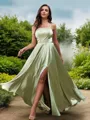 A-Line/Princess Silk Like Satin Ruffles Straps Sleeveless Floor-Length Bridesmaid Dresses