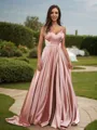 A-Line/Princess Silk like Satin Ruffles V-Neck Sleeveless Sweep Train Bridesmaid Dresses