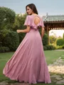 A-Line/Princess Chiffon Sash/Ribbon/Belt V-neck Short Sleeves Floor-Length Bridesmaid Dresses