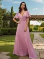 A-Line/Princess Chiffon Sash/Ribbon/Belt V-neck Short Sleeves Floor-Length Bridesmaid Dresses