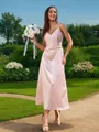 A-Line/Princess Silk like Satin Ruched V-neck Sleeveless Ankle-Length Bridesmaid Dresses