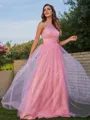 A-Line/Princess Tulle Ruffles Halter Sleeveless Sweep Train Bridesmaid Dresses