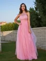 A-Line/Princess Tulle Ruffles Halter Sleeveless Sweep Train Bridesmaid Dresses