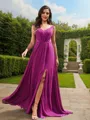 A-Line/Princess Chiffon Ruched V-neck Sleeveless Sweep Train Bridesmaid Dresses