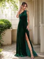 A-Line/Princess Velvet One-Shoulder Sleeveless Sweep Train Bridesmaid Dresses