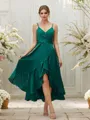 A-Line/Princess Satin Chiffon Ruched V-neck Sleeveless Asymmetrical Bridesmaid Dresses
