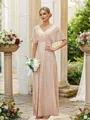 A-Line/Princess Ruched V-neck Short Sleeves Floor-Length Bridesmaid Dresses