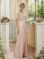 A-Line/Princess Ruched V-neck Short Sleeves Floor-Length Bridesmaid Dresses