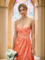 A-Line/Princess Silk Like Satin Ruched V-neck Sleeveless Asymmetrical Bridesmaid Dresses