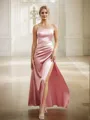 Sheath/Column Silk Like Satin Ruched Spaghetti Straps Sleeveless Floor-Length Bridesmaid Dresses