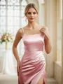 Sheath/Column Silk Like Satin Ruched Spaghetti Straps Sleeveless Floor-Length Bridesmaid Dresses