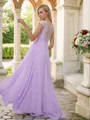 A-Line/Princess Chiffon Applique Scoop Short Sleeves Floor-Length Bridesmaid Dresses