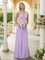 A-Line/Princess Chiffon Applique Scoop Short Sleeves Floor-Length Bridesmaid Dresses