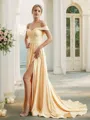 A-Line/Princess Jersey Ruched Off-the-Shoulder Sleeveless Court Train Bridesmaid Dresses