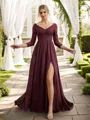 A-Line/Princess Chiffon Lace V-neck Long Sleeves Floor-Length Bridesmaid Dresses