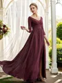 A-Line/Princess Chiffon Lace V-neck Long Sleeves Floor-Length Bridesmaid Dresses