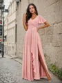 A-Line/Princess Chiffon Ruffles V-neck Short Sleeves Floor-Length Bridesmaid Dresses