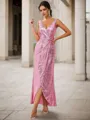 Sheath/Column Sequins Ruched V-neck Sleeveless Floor-Length Bridesmaid Dresses