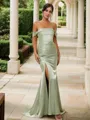 Sheath/Column Silk Like Satin Ruched Off-the-Shoulder Sleeveless Sweep/Brush Train Bridesmaid Dresses